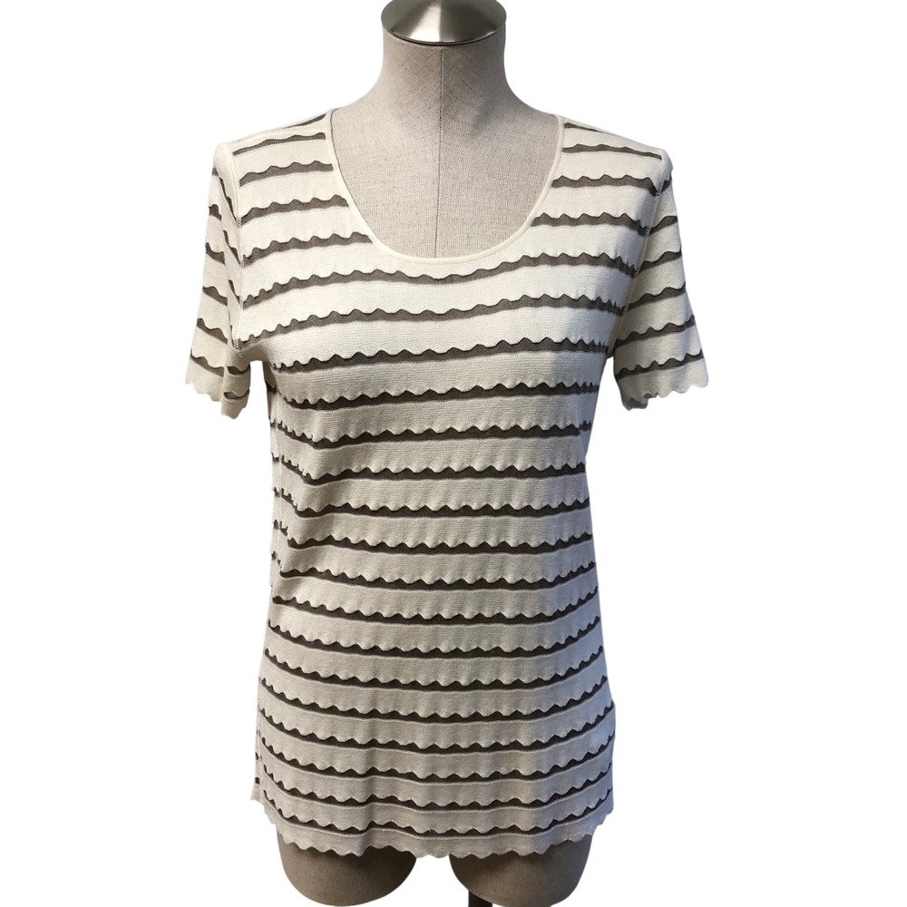 Armani Collezioni Knit Top Womens 10 Cream Taupe Wavy Stripe Scalloped‎ Silk